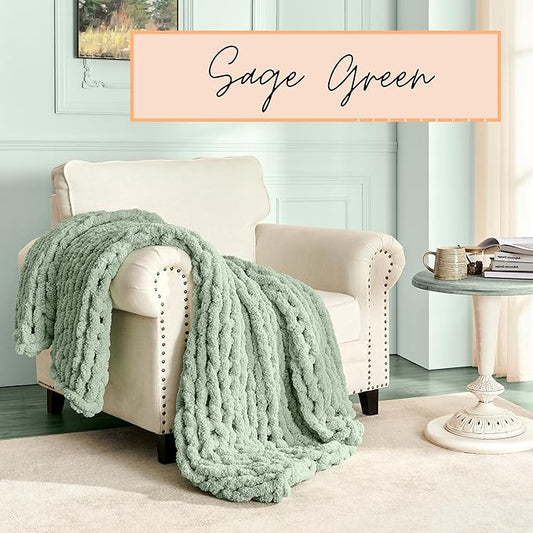 Adyrescia Chunky Knit Blanket Throw | 100% Hand Knit with Jumbo Chenille Yarn (50"x60", Sage Green)