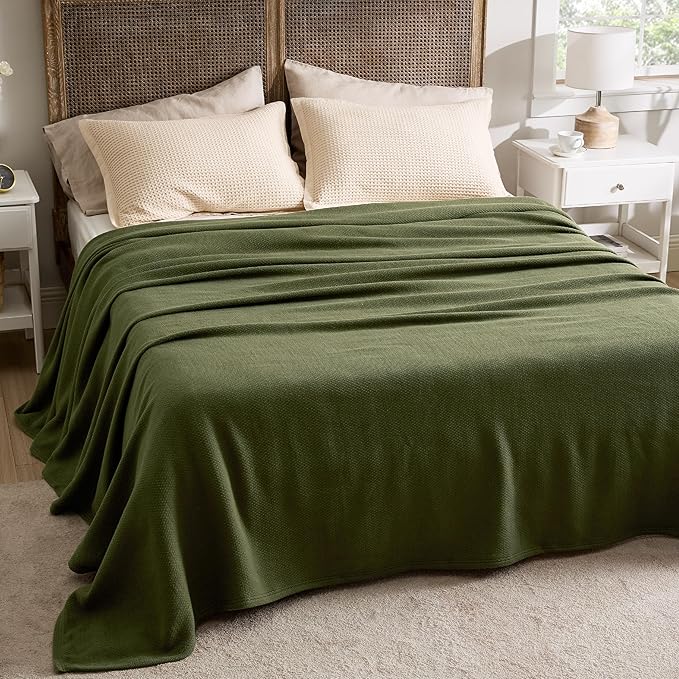 Bedsure 100% Cotton Large Blanket Oversized King for Bed 120x94 inches - Breathable Soft Cozy Herringbone Woven Blanket for Summer Spring, Couch Cover, Olive Green
