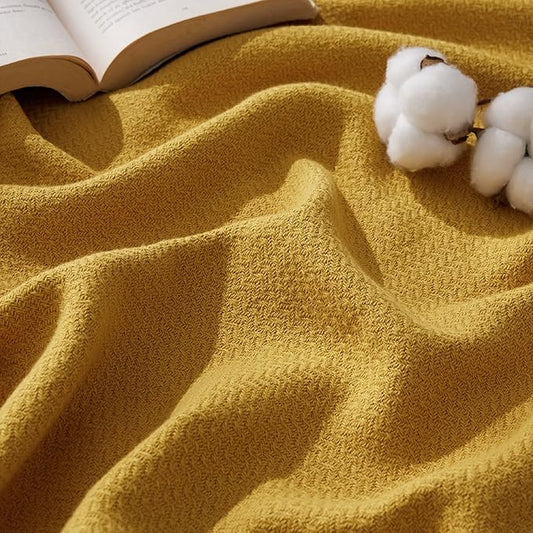 Bedsure 100% Cotton Blanket Queen Size for Bed - Breathable and Lightweight, Soft Cozy Textured Herringbone Woven Blanket for Summer Spring, Yellow, 90x90 inches
