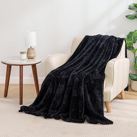 Berkshire Blanket Classic Extra-Fluffy™ Plush Throw Blanket, Soft Fuzzy Fluffy Long Hair Throw Blanket for Couch Sofa Bed, Black, 50x60 Inches