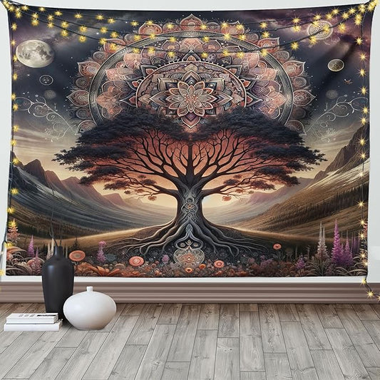 Ambesonne Hippie Tapestry, Scandi Myth Tree of Life and Trippy Floral Motif with Space Landscape, Wide Wall Hanging for Bedroom Living Room Dorm, 60" X 40", Dark Slate Blue Indigo