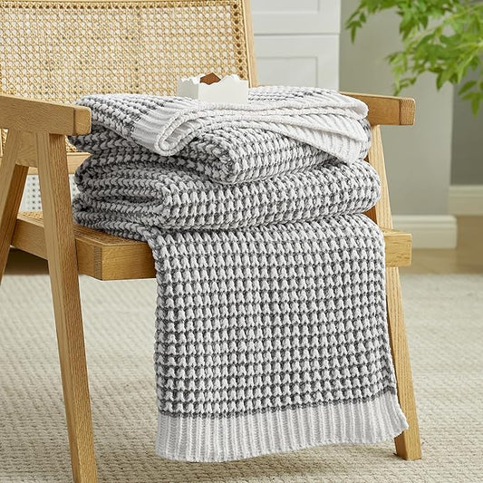 Amélie Home Chenille Waffle Throw Blanket for Couch, Reversible Pineapple Stitch Knit Soft Cozy Knit Blanket Lightweight Warm Decorative Throw for Sofa, Bed, Living Room, 60"x80", Grey&Ivory