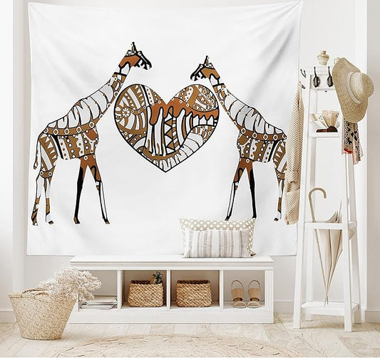 Ambesonne African Tapestry, Soul Mate Giraffes Illustration with a Giant Heart Love in Nature Bohemian Print, Wall Hanging for Bedroom Living Room Dorm Decor, 60" X 80", Brown White