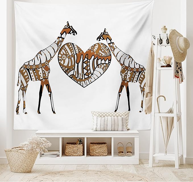 Ambesonne African Tapestry King Size, Soul Mate Giraffes Illustration with a Giant Heart Love in Nature Bohemian Print, Wall Hanging Bedspread Bed Cover Wall Decor, 104" X 88", Brown White