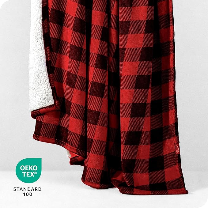 Bare Home Sherpa Fleece Blanket - King Size - Blanket for Bed, Sofa, and Couch - Warm & Lightweight - Fluffy & Soft - Reversible (King, Buffalo Plaid - Red/Black)