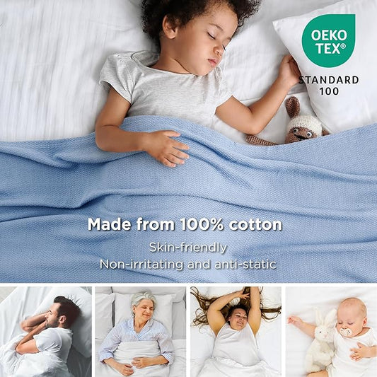 Bedsure 100% Cotton Large Throw Blanket for Couch 50x70 inches - Breathable and Lightweight, Soft Cozy Herringbone Woven Cotton Throw for Summer, Ashley Blue Office Chair Blanket
