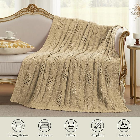 Amélie Home Chunky Knit Chenille Throw Blanket, Breathable Cable Knitted Blanket for Couch, Farmhouse Decorative Throw for Sofa Chair Bed, 60"x80", Beige