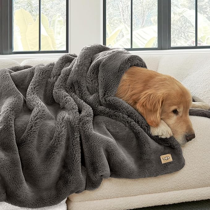UGG Euphoria Plush Faux Fur Throw Blanket Medium Weight Reversible Luxury Soft Throw for Couch Bed or Chair Hypoallergenic Machine Washable Home Decor Blanket, 50-inch x 70-inch, Charcoal Dark Grey