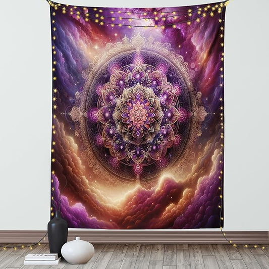 Ambesonne Purple Tapestry, Symmetric Universe Folk Ethnic Art Design Mandala with Galaxy Space Clouds, Wall Hanging for Bedroom Living Room Dorm Decor, 60" X 80", Fuchsia and Amber