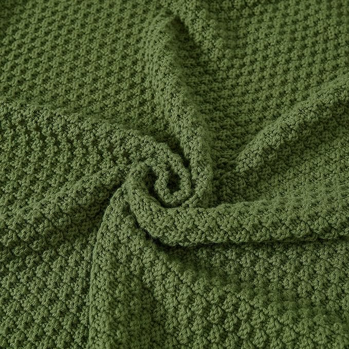 Longhui bedding Olive Green Knitted Throw Blanket for Couch, Soft, Cozy Machine Washable 100% Cotton Sofa Knit Blankets, Heavy 4.0lb Weight, 60 x 80 Inches, Olive Green Color.