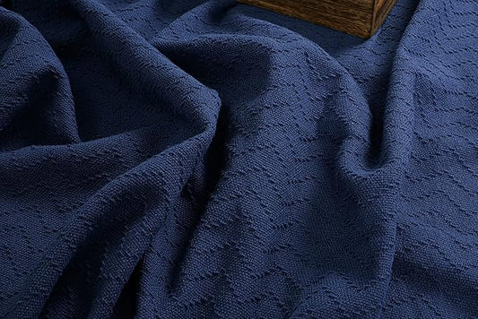 BELIZZI HOME 100% Cotton Bed Blanket, Breathable Thermal Blanket Twin Size, Soft Chevron 60''x90'', Perfect for Layering Any All Season, Navy Blue