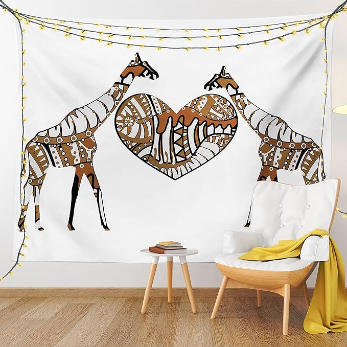 Ambesonne African Tapestry King Size, Soul Mate Giraffes Illustration with a Giant Heart Love in Nature Bohemian Print, Wall Hanging Bedspread Bed Cover Wall Decor, 104" X 88", Brown White