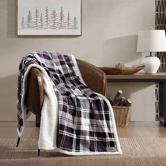 Eddie Bauer - Throw Blanket, Reversible Sherpa Fleece Bedding, Home Decor for All Seasons, Oeko-Tex Certified (Trailhead Plaid Purple, Throw)