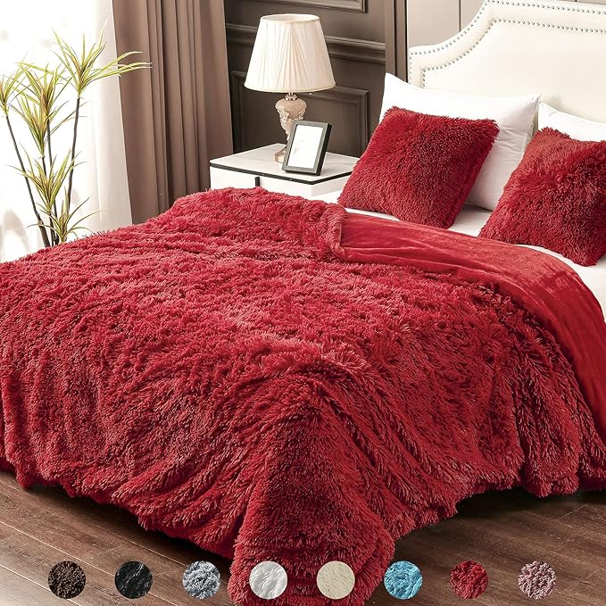 YUSOKI Twin Size Faux Fur Throw Winter Blanket,2 Layers,(Red,60" x 80"),Whithout Pillows,Plush Fuzzy Soft Cozy Comfy Bed Blanket for Women Kids Girls Couch Sofa