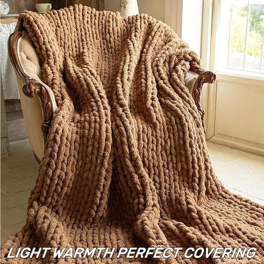 Chunky Knit Blanket - Luxury Soft Cozy Queen Size(50 * 60) Throw Blanket,100% Woven Blanket Rope Knot Throw Blanket for Couch, Sofa, Home Decor, Gift - Machine Washable（Brown）