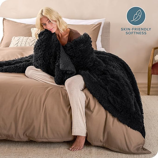 Bare Home Shaggy Faux Fur Sherpa Blanket - Super Soft, Fuzzy, Fluffy - Reversible Cozy Warm Blanket for Couch, Sofa, Chair, Bed - Luxury Home Decor (Full/Queen, Black)