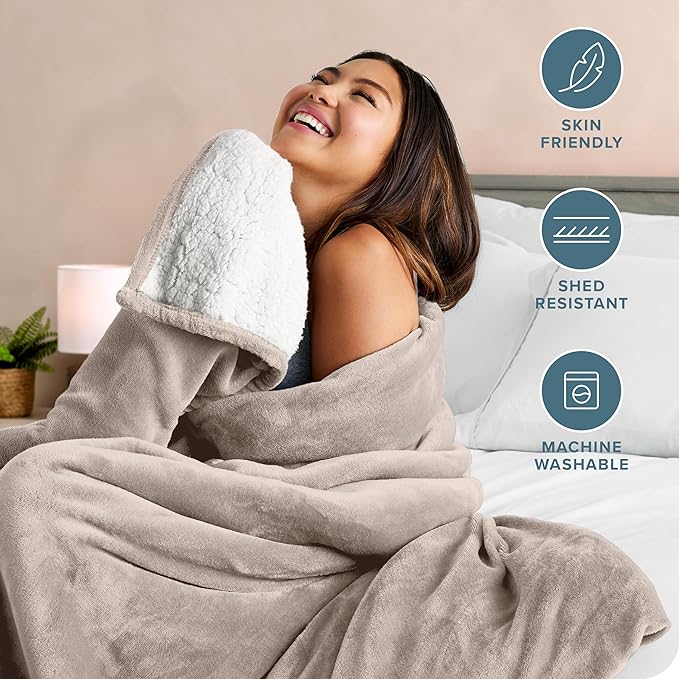 Bare Home Sherpa Fleece Blanket - Twin/Twin Extra Long - Blanket for Bed, Sofa, and Couch - Warm & Lightweight - Fluffy & Soft - Reversible (Twin/Twin XL, Light Taupe)
