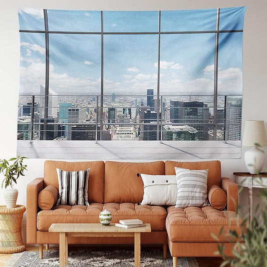 Ambesonne Urban Tapestry, Modern Office Work Place View to City Architecture Contemporary Plan, Wide Wall Hanging for Bedroom Living Room Dorm, 80" X 60", White