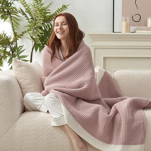 Amélie Home Chenille Waffle Throw Blanket for Couch, Reversible Soft Cozy Knit Blanket Lightweight Warm Decorative Throw for Sofa, Bed, Living Room, 50"x60", Pink