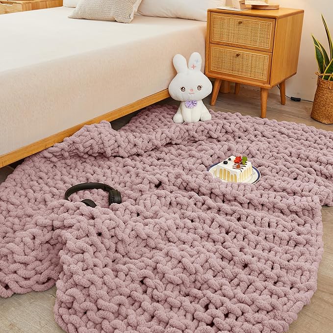 Knit Blanket 50"x60" Pink Cream Soft Washable Chenille Throw Blanket Cozy 100% Handmade Crochet Blankets with Jumbo Chenille Yarn for Couch Bed Sofa Room Decor