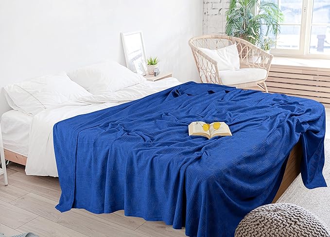 Utopia Bedding Royal Blue 100% Cotton Blanket [Queen Size - 90x90 Inch] 350GSM Lightweight, Soft and Breathable Thermal Blanket for All Seasons