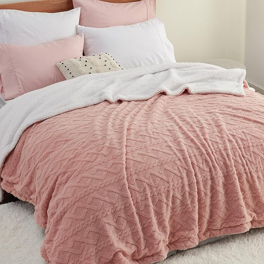 Bedsure Sherpa Queen Size Blanket for Bed - Fleece Soft Cozy Fuzzy Cable Blankets for Women, Thick Warm for Winter and All Seasons, Pink, 90x90 Inches