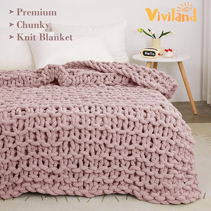 Knit Blanket 50"x60" Pink Cream Soft Washable Chenille Throw Blanket Cozy 100% Handmade Crochet Blankets with Jumbo Chenille Yarn for Couch Bed Sofa Room Decor