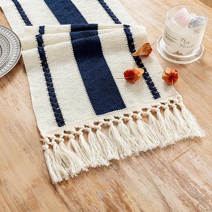 Fancy Homi Navy Blue Table Runner 48 Inches Long Boho Macrame Table Runner for Home Decor, Farmhouse Table Runners with Tassels for Party Bohemian Rustic Bridal Shower Dining Decor 12x48 Inches