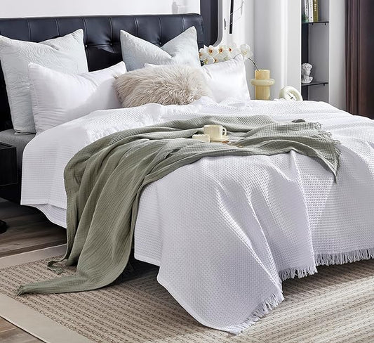 100% Cotton Blankets King 90" x104“ Muslin Throw Blanket for Adult, Bed, Couch, Pre-Washed, Breathable Lightweight Gauze Soft Blanket w/Fringe, All Season, (Sage Green)