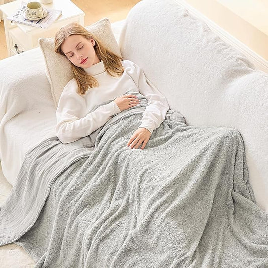 EMME Muslin Cotton Fleece Queen Blanket Reversible - 80"*90" Grey Soft Warm Throw Blankets for Couch Bed Picnic Travel Bed