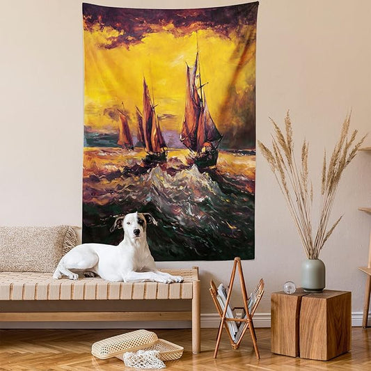 Ambesonne Country Tapestry, Image of Old Sailboats Ships Cruising in Waves at Sunrise Time Dark Sky Art, Fabric Wall Hanging Decor for Bedroom Living Room Dorm, 23" X 28", Yellow Orange