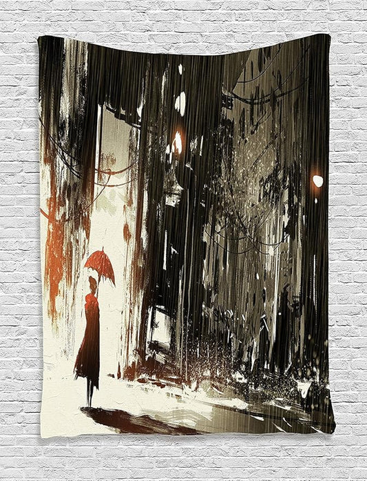 Ambesonne Fantasy Tapestry, Woman with Umbrella in Rain Old Town Ruins Apocalypse Superhero Action Desgin, Wall Hanging for Bedroom Living Room Dorm Decor, 40" X 60", Army Green Beige