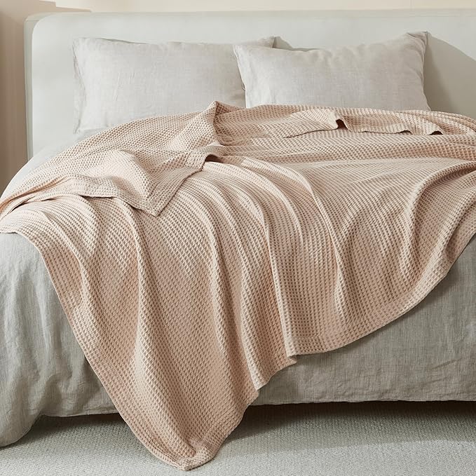 100% Cotton Blanket for Full Queen Size Bed - Taupe Waffle Weave Lightweight Summer Bed Blanket - 90x90in Prewashed Breathable, Woven, Layering Blanket (Full/Queen, Taupe)