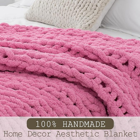 Chunky Knit Throw Blanket 60"X 80", 100% Handmade with Soft Chenille Yarn, 4.4lbs Thick Cable Knitted Blankets, Large Rope Knot Crochet Throws for Couch Sofa Bed Home Decor, Hot Pink