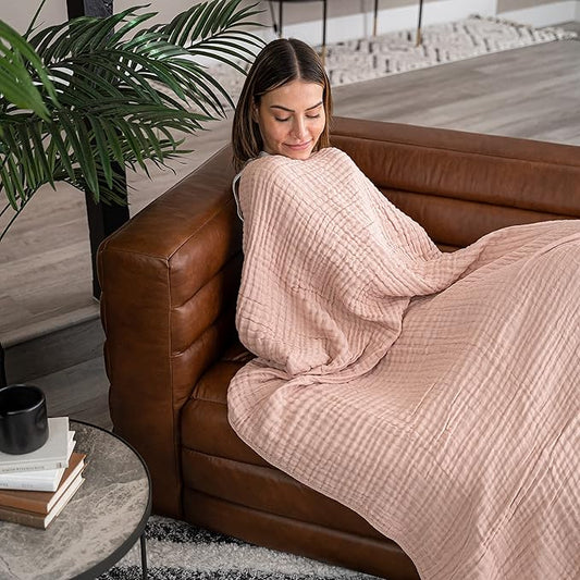 Comfy Cubs Muslin Throw Blanket - 50” x 60” Quilted Design - Lightweight, Breathable 6-Layer Gauze Fabric - Soft Cotton Blanket for Home or Travel - Packaged in Elegant Gift Box - Blush