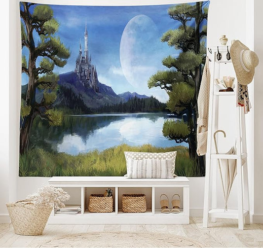 Ambesonne Fantasy Tapestry, Moon Surreal Scene with Riverside Lake Forest and Medieval Castle on Hill Art, Wall Hanging for Bedroom Living Room Dorm Decor, 60" X 80", Green Blue