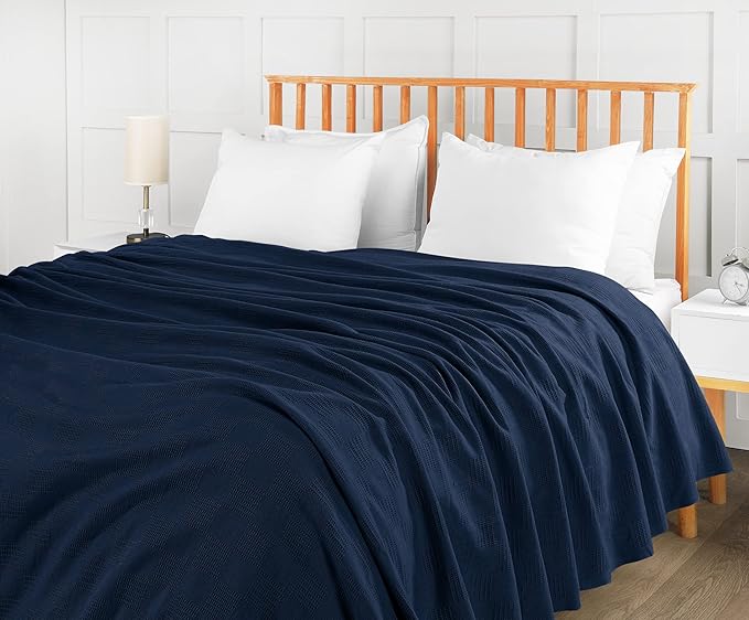 Utopia Bedding Navy 100% Cotton Blanket [Queen Size - 90x90 Inch] 350GSM Lightweight, Soft and Breathable Thermal Blanket for All Seasons