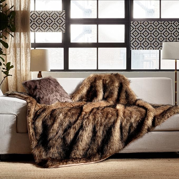 Luxury Plush Faux Fur Blanket Queen Size, Long Pile Brown with Black Tips, Oversized Super Warm, Fuzzy, Elegant, Fluffy Decoration Throw Blanket for Sofa, Armchair, Couch and Bed, 90"x90"