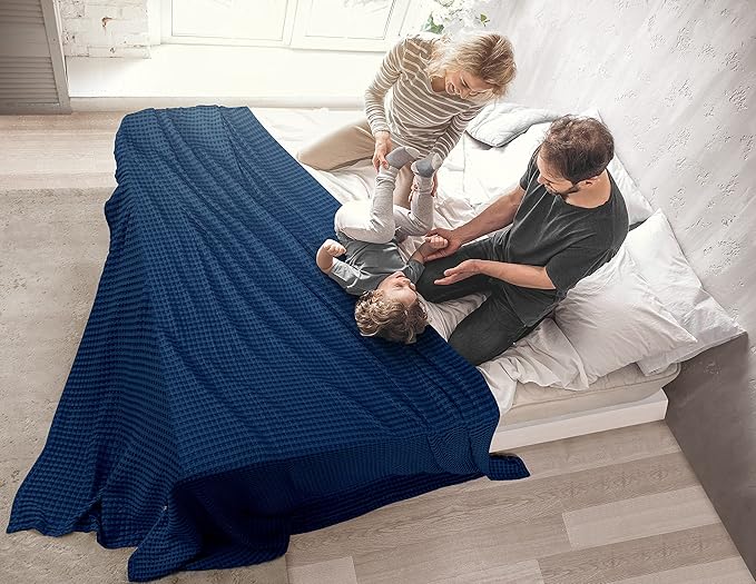 Utopia Bedding Navy 100% Cotton Waffle Blanket 300 GSM [Big - 120x120 Inch] Soft Lightweight Breathable Bed Blanket for All Season
