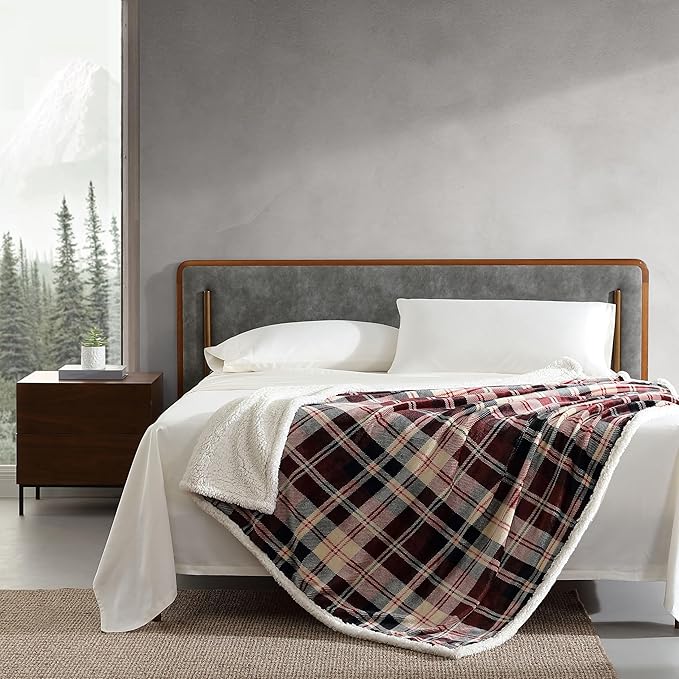 Eddie Bauer - Blanket, Super Soft Reversible Sherpa & Brushed Fleece Bedding, Throw Blankets for Couch, Ideal for Lounging (Trailhead Plaid Red)