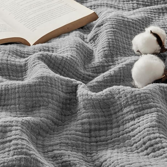 Bedsure 100% Cotton Muslin Throw Blanket Twin XL for Bed - 4-Layer Breathable and Lightweight Thin Soft Gauze Muslin Blanket for Summer, Grey, 66x90 Inches
