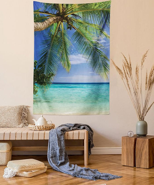 Ambesonne Ocean Tapestry Twin Size, Tropical Paradise View at Maldives Palms Clear Sky Seashore Picture Print, Wall Hanging Bedspread Bed Cover Wall Decor, 68" X 88", Green Aqua Blue