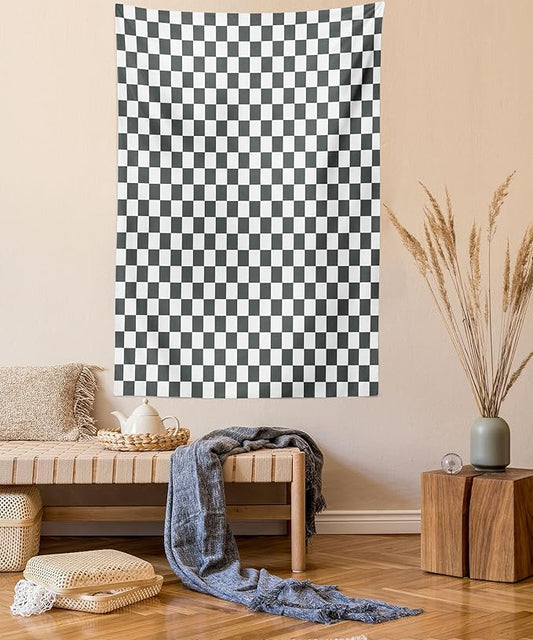 Ambesonne Checkered Tapestry, Monochrome Composition Classical Chessboard Inspired Abstract Tile Print, Fabric Wall Hanging Decor for Bedroom Living Room Dorm, 30" X 45", Grey White
