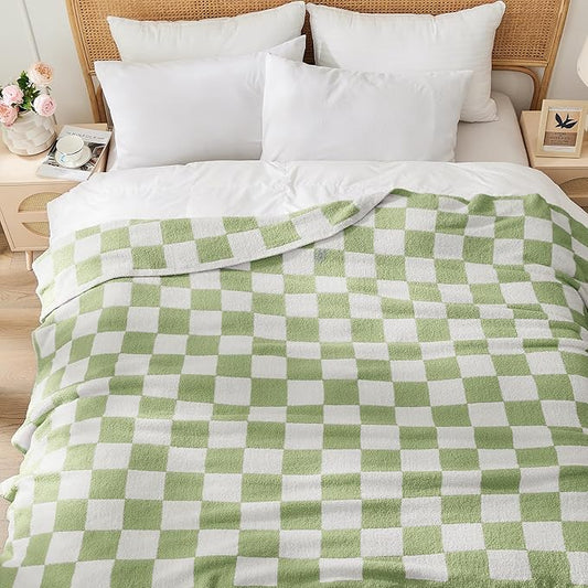 Super Soft Luxurious Warm Checkered Throw Blanket - Reversible for Couch, Bed, Sofa - 60x80 Inches - Green and White