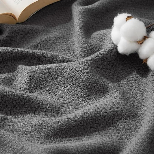 Bedsure 100% Cotton Blanket Queen Size for Bed - Breathable and Lightweight, Soft Cozy Textured Herringbone Woven Blanket for Summer Spring, Dark Grey, 90x90 inches