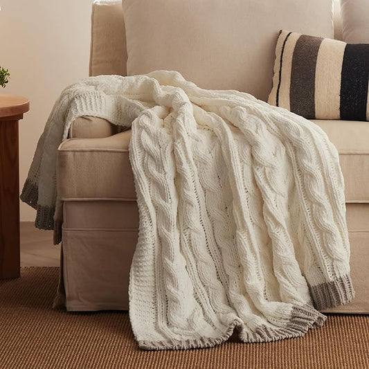 Bedsure Cable Knit Throw Blanket for Couch Bed - Chenille Chunky Knit Throw Blanket for Summer and All Seasons, Soft Cozy and Warm, Cream, 50x60 Inches