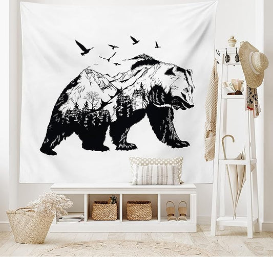 Ambesonne Bear Tapestry, Mammal Silhouette Mountain Landscape Flying Birds and Forest Wildlife Design, Wide Wall Hanging for Bedroom Living Room Dorm, 80" X 60", White Charcoal