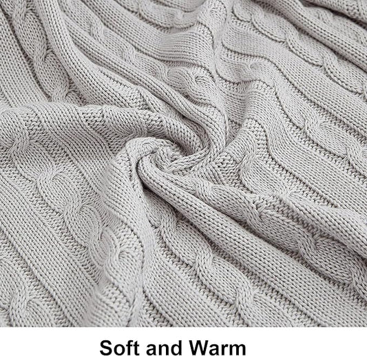 NTBAY 100% Pure Cotton Oversize (60x80) Cable Knit Throw Blanket, Super Soft Warm Knitted Throw Blanket for Bed, Sofa, Chair, Couch - Extra Cozy, Machine Washable, Comfortable Home Decor, Silver Grey