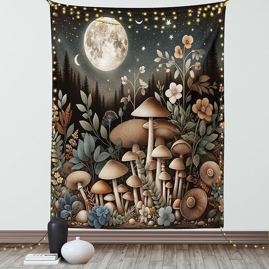 Ambesonne Aesthetic Tapestry, Night Forest Scene with Boho Nature Mushroom Leaves Stars and Full Moon, Wall Hanging for Bedroom Living Room Dorm Decor, 40" X 60", Sepia and Grey Teal