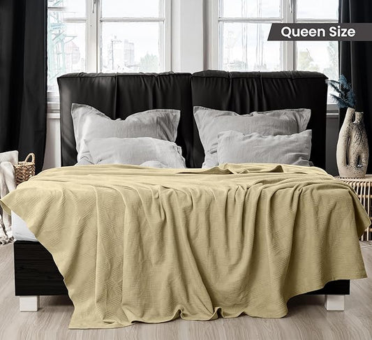 Utopia Bedding Tan 100% Cotton Blanket [Queen Size - 90x90 Inch] 350GSM Lightweight, Soft and Breathable Thermal Blanket for All Seasons